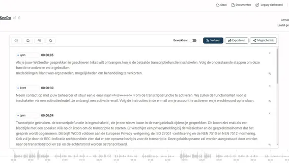 Screenshot van de transcriptie tool met een getranscribeerd gesprek